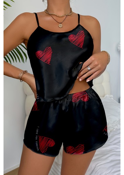 Kırmızı Kalp Desenli Siyah Saten Şortlu Gecelik Takım modelleri