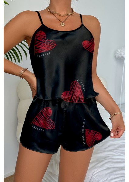 Kırmızı Kalp Desenli Siyah Saten Şortlu Gecelik Takım fırsatları