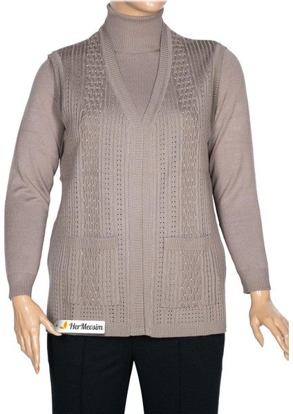 Hesna Kadın Karen Triko Cepli Boncuklu Kum Beji Yelek