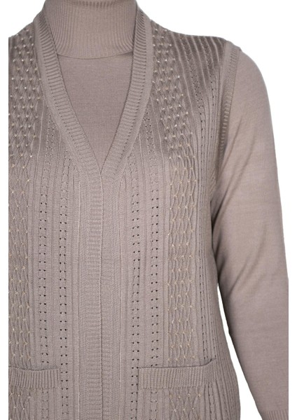 Hesna Kadın Karen Triko Cepli Boncuklu Kum Beji Yelek fiyatları