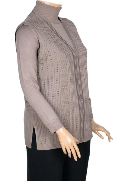 Hesna Kadın Karen Triko Cepli Boncuklu Kum Beji Yelek modelleri