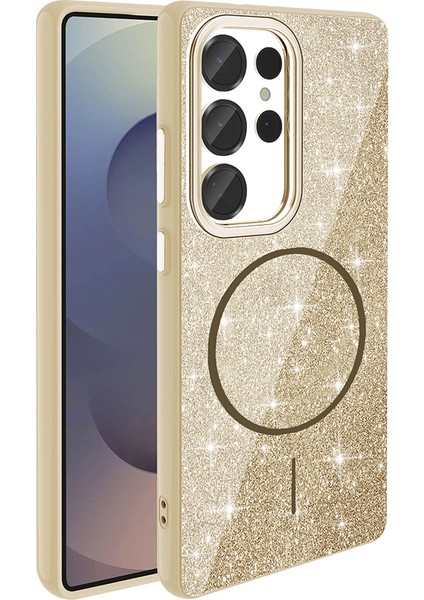 Samsung Galaxy S25 Ultra Kılıf Magsafe Şarj Özellikli Parlayan Simli Okso Kapak