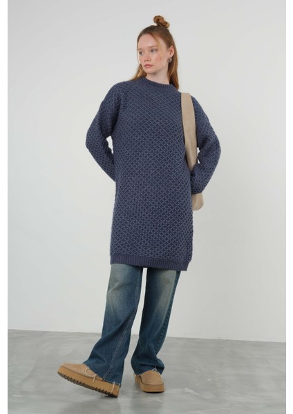 Örümcek Örgülü Kazak Uzun Kot Mavi