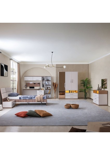 Milano Genç Odası - 3 Kapaklı Aynalı Dolap, Karyola, Komodin, Çalışma Masası, Şifonyer, Kitaplık