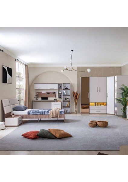 Milano Genç Odası - 5 Kapaklı Aynalı Dolap, Karyola, Komodin, Çalışma Masası, Kitaplık
