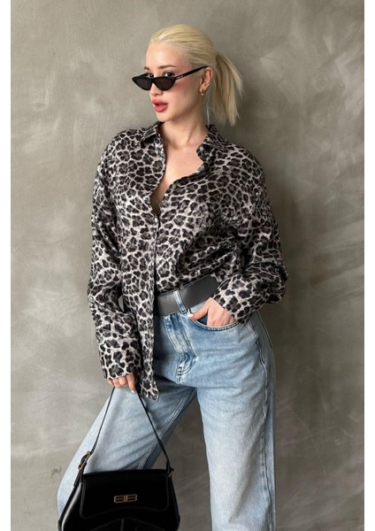 Siyah Leopar Desen Kadın Gömlek MG2296