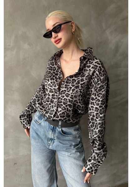 Siyah Leopar Desen Kadın Gömlek MG2296