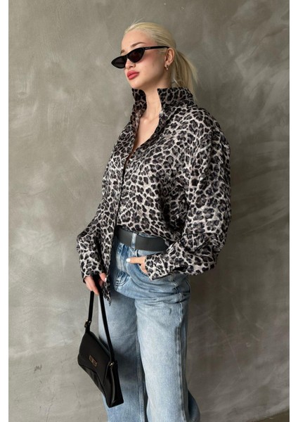 Siyah Leopar Desen Kadın Gömlek MG2296