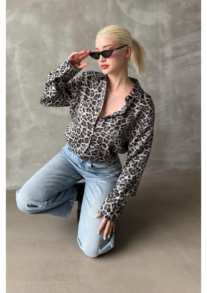 Siyah Leopar Desen Kadın Gömlek MG2296