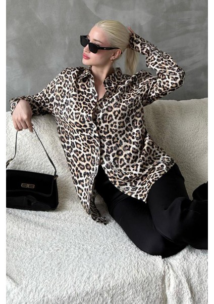 Bej Leopar Desen Kadın Gömlek MG2296