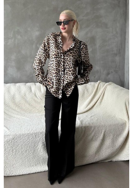 Bej Leopar Desen Kadın Gömlek MG2296