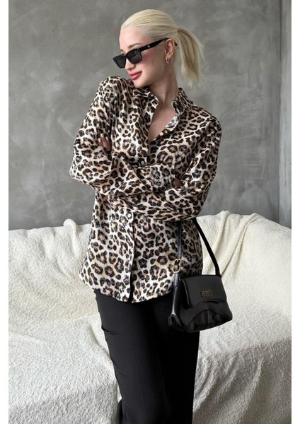 Bej Leopar Desen Kadın Gömlek MG2296