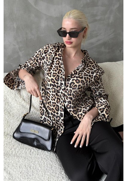Bej Leopar Desen Kadın Gömlek MG2296