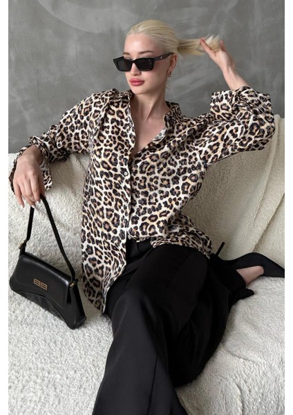 Bej Leopar Desen Kadın Gömlek MG2296
