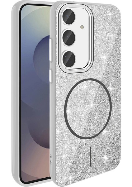 Samsung Galaxy S23 Fe Kılıf Magsafe Şarj Özellikli Parlayan Simli Okso Kapak