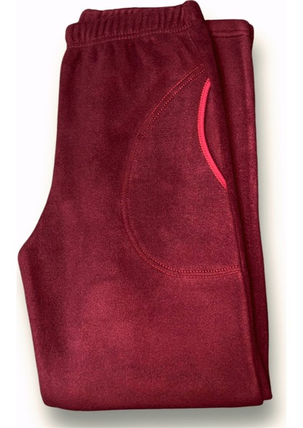 Kadın Bordo Polar Cepli Kışlık Kalın Pijama Altı