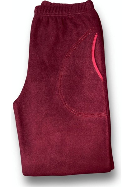 Kadın Bordo Polar Cepli Kışlık Kalın Pijama Altı