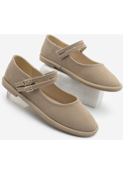 Kadın Çift Bantlı Tokalı Süet Babet Benus Camel Süet