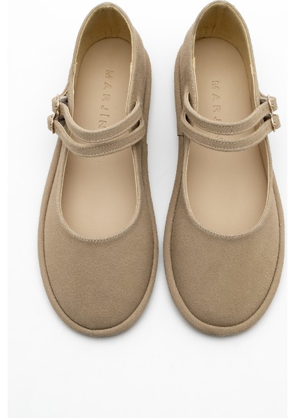 Kadın Çift Bantlı Tokalı Süet Babet Benus Camel Süet