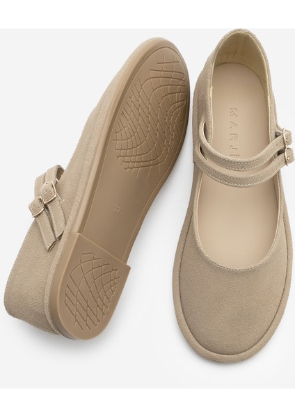 Kadın Çift Bantlı Tokalı Süet Babet Benus Camel Süet