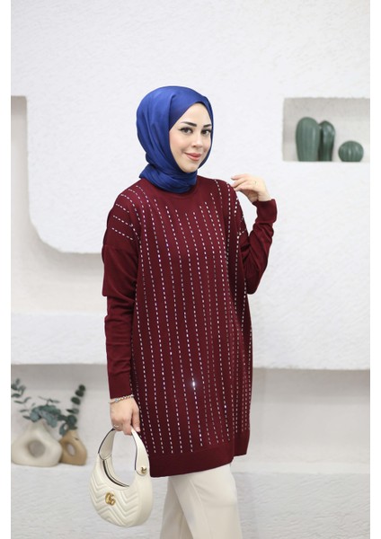 Soğuk Düz Taşlı Triko Tunik