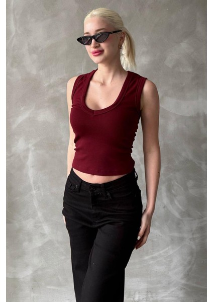 Bordo V Yaka Biyeli Kadın Atlet MG2292