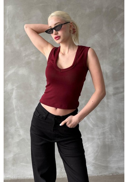 Bordo V Yaka Biyeli Kadın Atlet MG2292