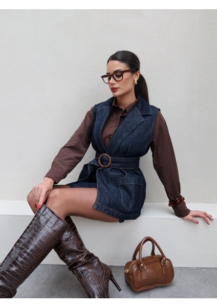 Denim Kuşaklı Yelek