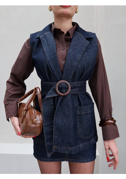Denim Kuşaklı Yelek