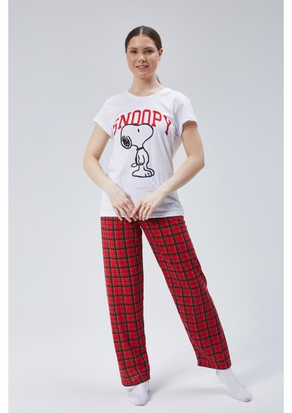 Kadın Kırmızı Ekose Snoppy Baskılı Kadın T-Şort Pantolon Takımı