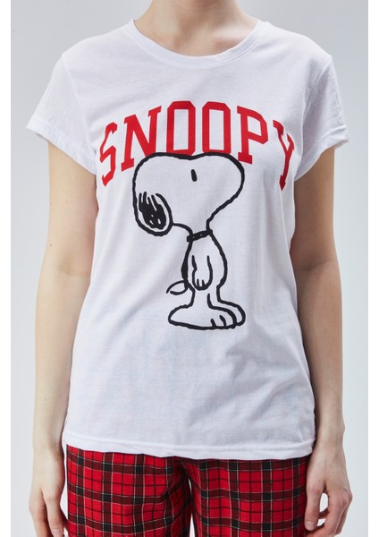 Kadın Kırmızı Ekose Snoppy Baskılı Kadın T-Şort Pantolon Takımı