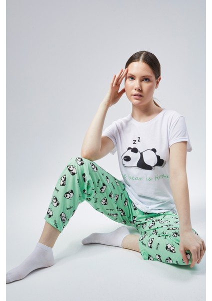 Kadın Mint Uyuyan Panda Baskılı Kadın T-Şort Pantolon Takımı