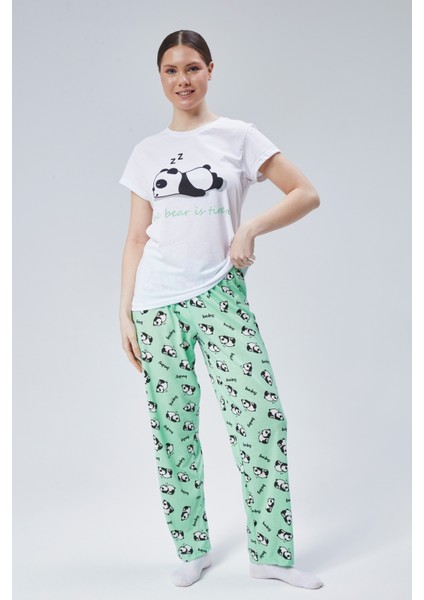 Kadın Mint Uyuyan Panda Baskılı Kadın T-Şort Pantolon Takımı
