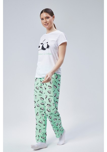 Kadın Mint Uyuyan Panda Baskılı Kadın T-Şort Pantolon Takımı