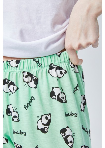 Kadın Mint Uyuyan Panda Baskılı Kadın T-Şort Pantolon Takımı