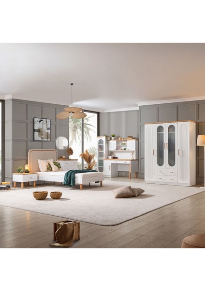 Vita Bohem Genç Odası - 4 Kapaklı Dolap, Karyola, komodin, Çalışma Masası, şifonyer, Kitaplık