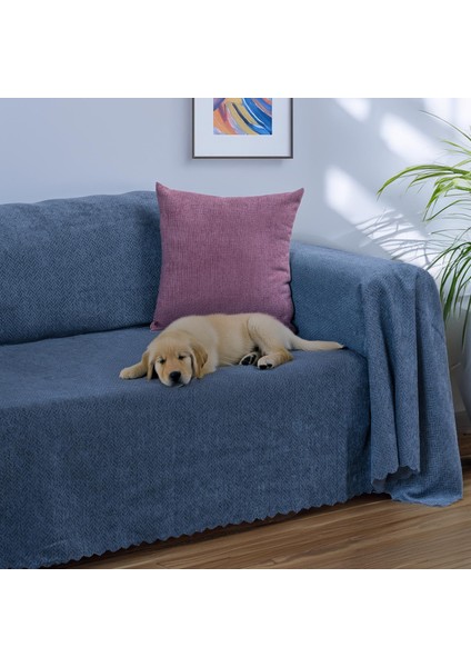 Zenit Koltuk Örtüsü 175x300 LARGE Dekoratif Jakarlı Şönil | Kanepe Örtüsü | Kaymaz , Gece Mavisi