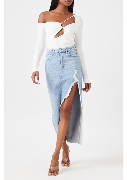 Yırtmaç Detaylı Denim Etek