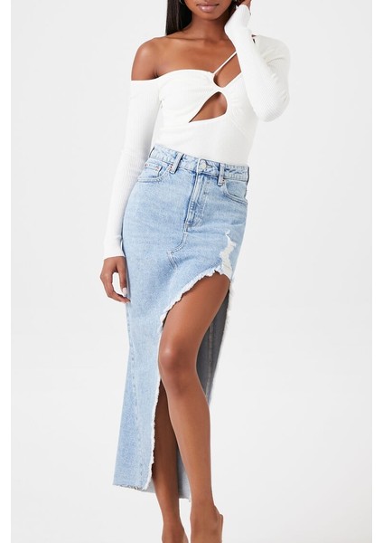 Yırtmaç Detaylı Denim Etek