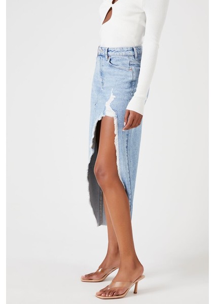 Yırtmaç Detaylı Denim Etek