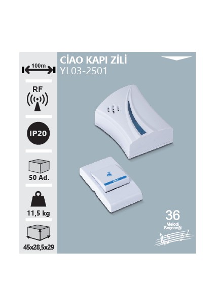 Ciao Kapı Zili Kablosuz 100 Metre Mesafeli 36 Melodi Seçenekli