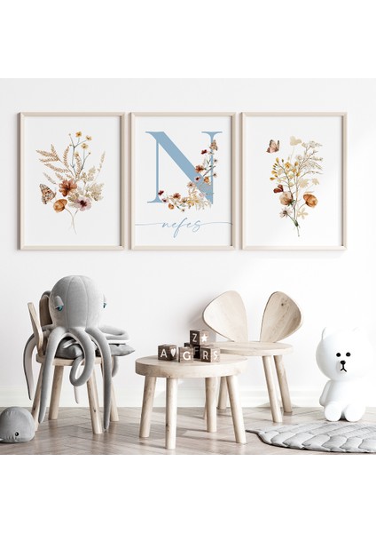Floral Çiçekli Kız Bebek ve Çocuk Odası 3'lü Isim Tablo Seti, Çocuk Odası Tablosu