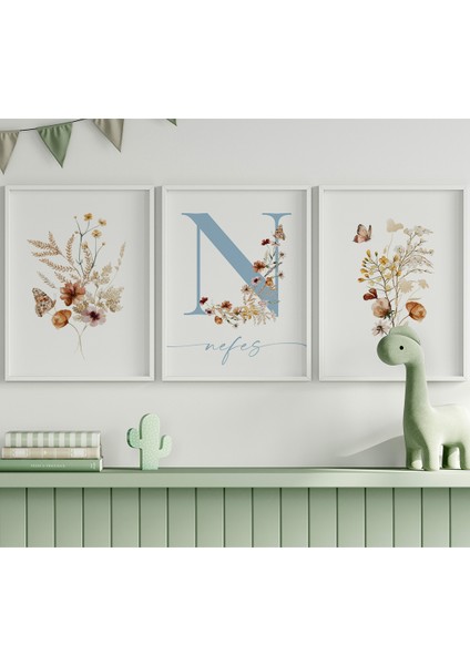 Floral Çiçekli Kız Bebek ve Çocuk Odası 3'lü Isim Tablo Seti, Çocuk Odası Tablosu