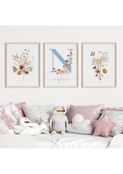 Floral Çiçekli Kız Bebek ve Çocuk Odası 3'lü Isim Tablo Seti, Çocuk Odası Tablosu