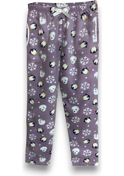 Kadın Mor Penguenli Polar Cepli Kışlık Kalın Kaliteli Pijama Altı