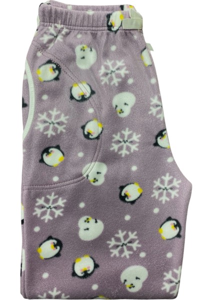 Kadın Mor Penguenli Polar Cepli Kışlık Kalın Kaliteli Pijama Altı modelleri