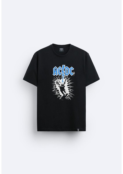 Ac Dc Müzik Grubu Baskılı Relaxed Fit Bisiklet Yaka Siyah Tişört T-Shirt