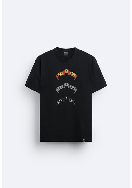 Guns N' Roses Müzik Grubu Baskılı Relaxed Fit Bisiklet Yaka Siyah Tişört T-Shirt