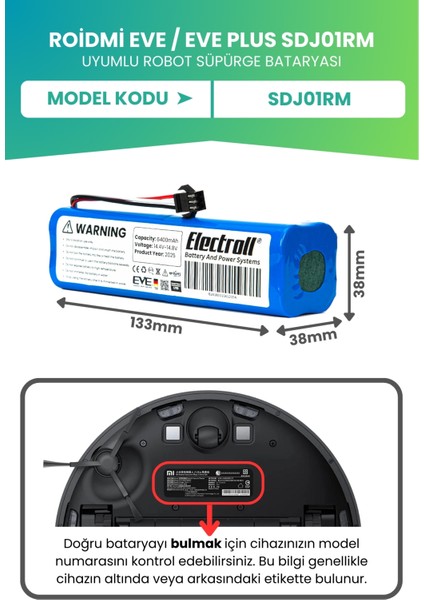 Roidmi Eve / Eve Plus Sdj01rm Uyumlu Batarya (ULTRA YÜKSEK KAPASİTE) 6400mah Robot Süpürge Bataryası