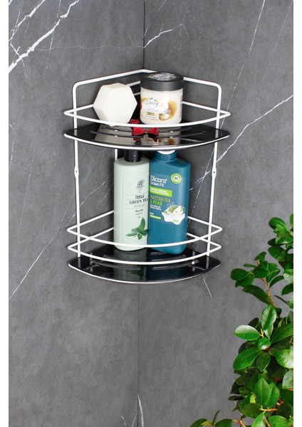 Kristal Raflı Paslanmaz Beyaz Ikili Tel Şampuanlık Yapışkanlı Banyo Köşeliği / Rafı